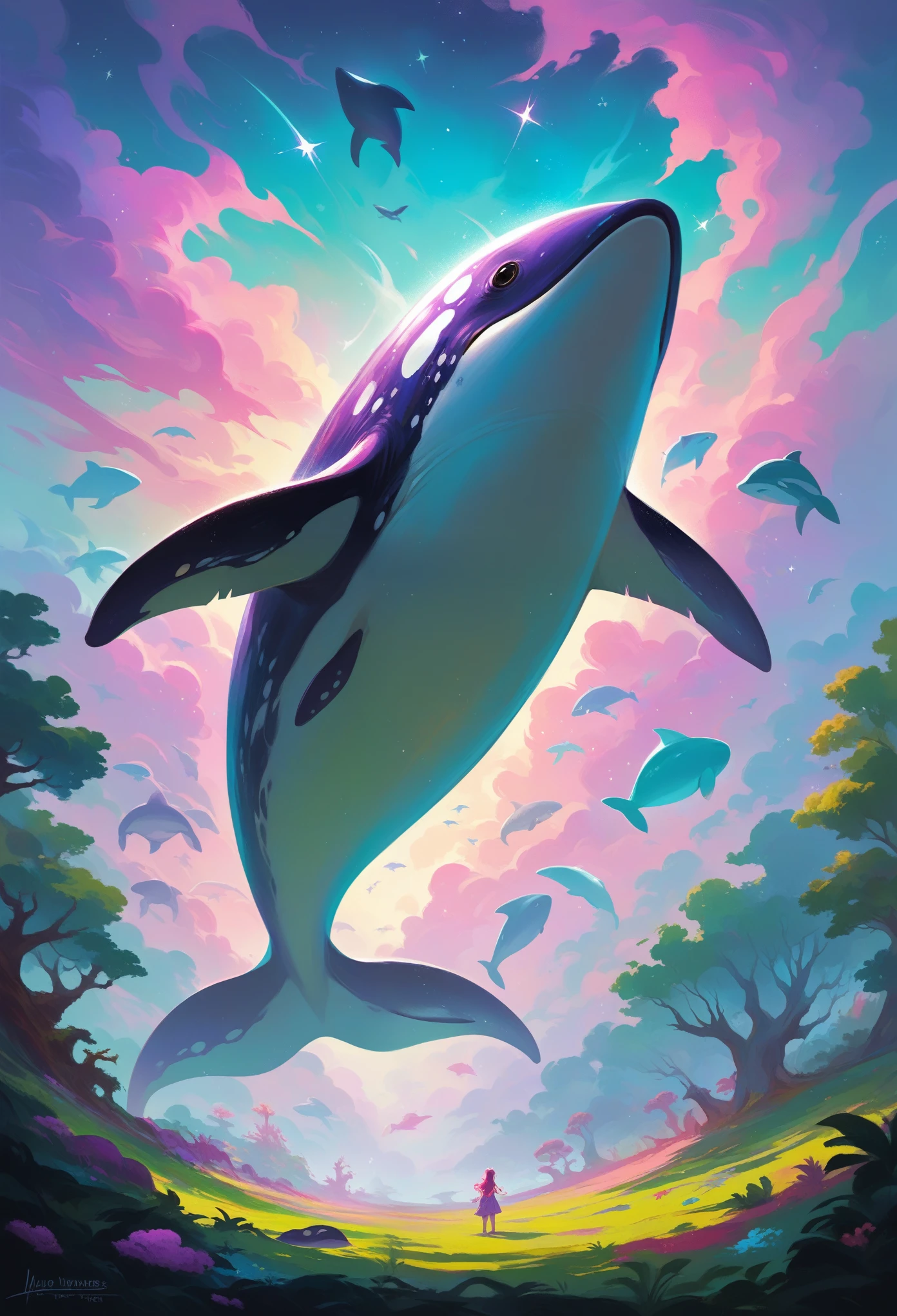 (Masterpiece, Award-winning, Best quality, high resolution) 3D illustration, An enormous whale, gracefully floating through a surreal sky filled with swirling, vibrant clouds of pink, purple, and gold. The whale's body is translucent, with patterns of stars and galaxies shimmering within. Below, a dreamlike landscape of rolling hills and whimsical trees stretches out, with hints of bioluminescent flora. The scene is both majestic and otherworldly, capturing the ethereal nature of this abstract flying whale.