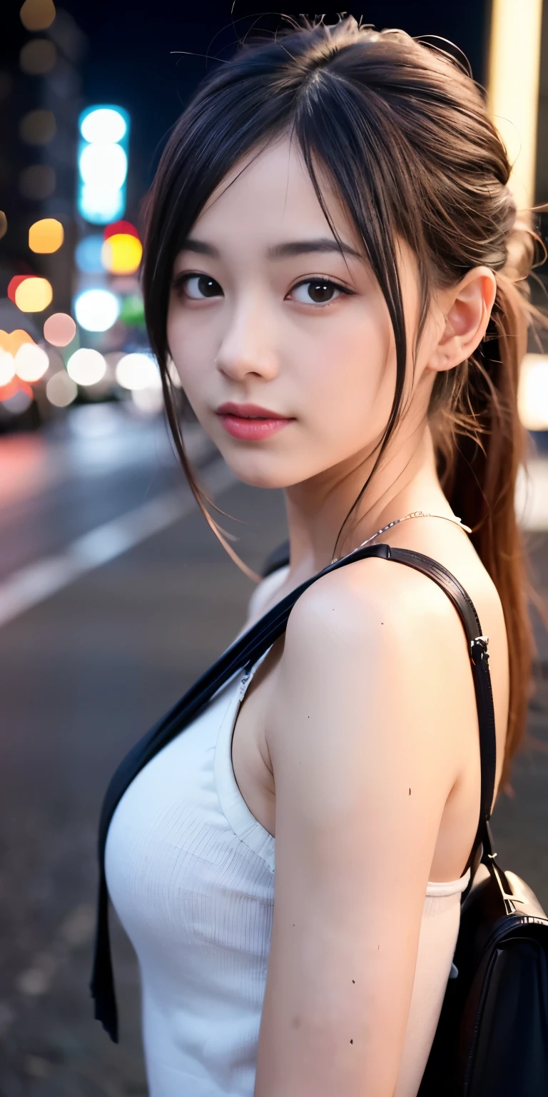 1 girl, Tokyo Street,night, Streetscape,City lights,Upper Body,close,smile,, (8k, RAW Photos, Highest quality, masterpiece:1.2),(Realistic, photo-Realistic:1.37),