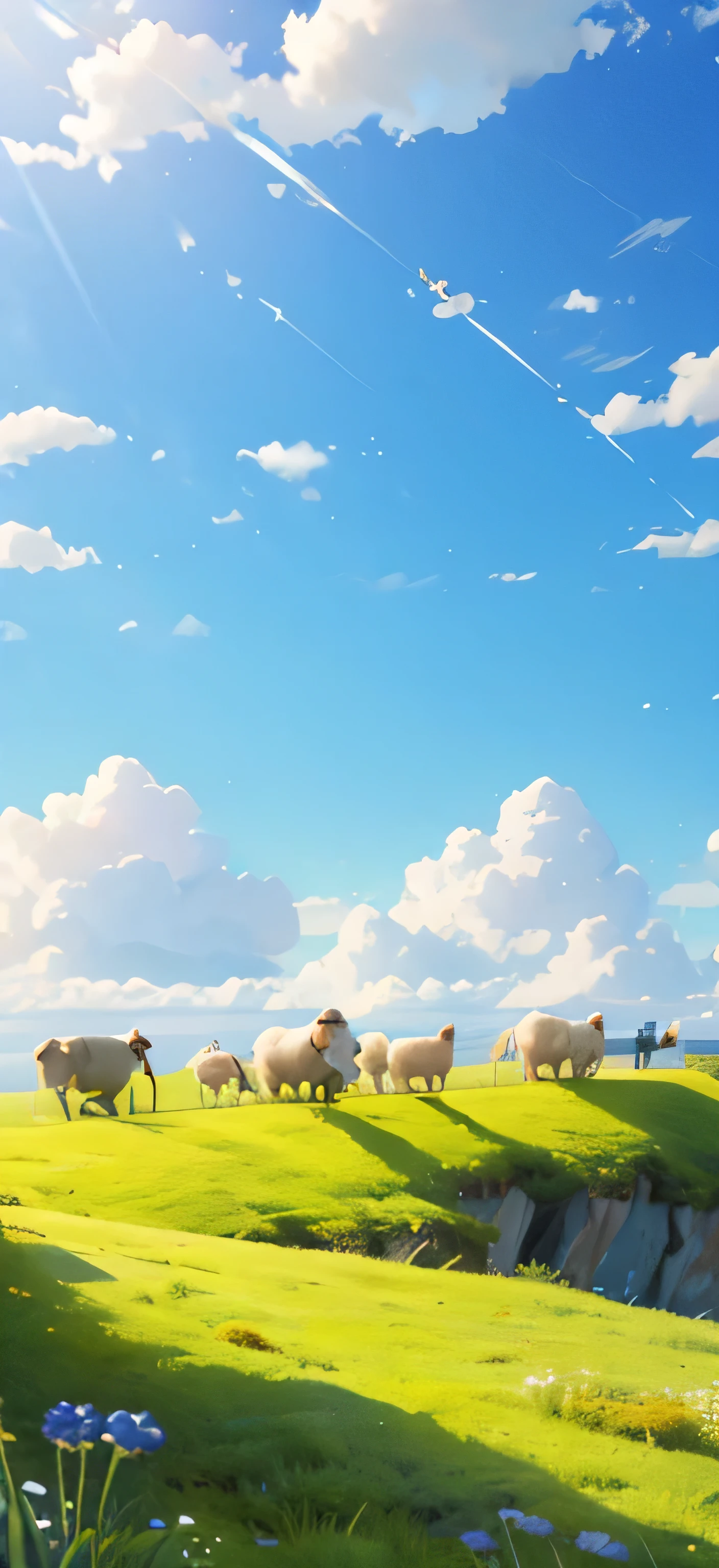 4k HD wallpaper boundless grassland，Blue sky，White Cloud，Endless meadows，daytime，Animals in the picture，sheep，ox，etc.，The sky occupies a large proportion of the screen