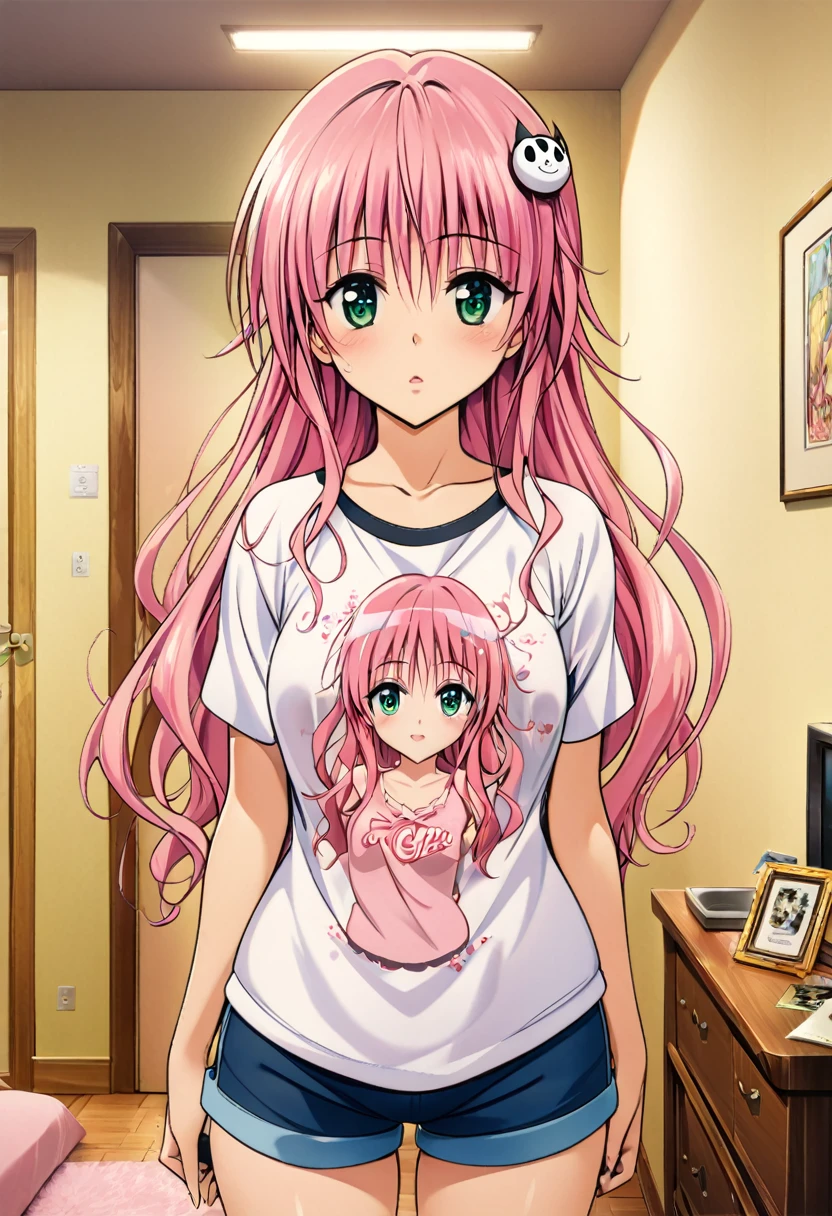 One girl, Lara Satalin Deviluke,Style of Yabuki Kentaro, To Love-Ru art style,pink long hair,green eyes,hair ornament,shirt,shorts,room,masterpiece, highest quality, Detailed face, Beautiful and detailed eyes, Beautiful Face, Perfect body, Official Art, grand plix award illustration, Professional Lighting,