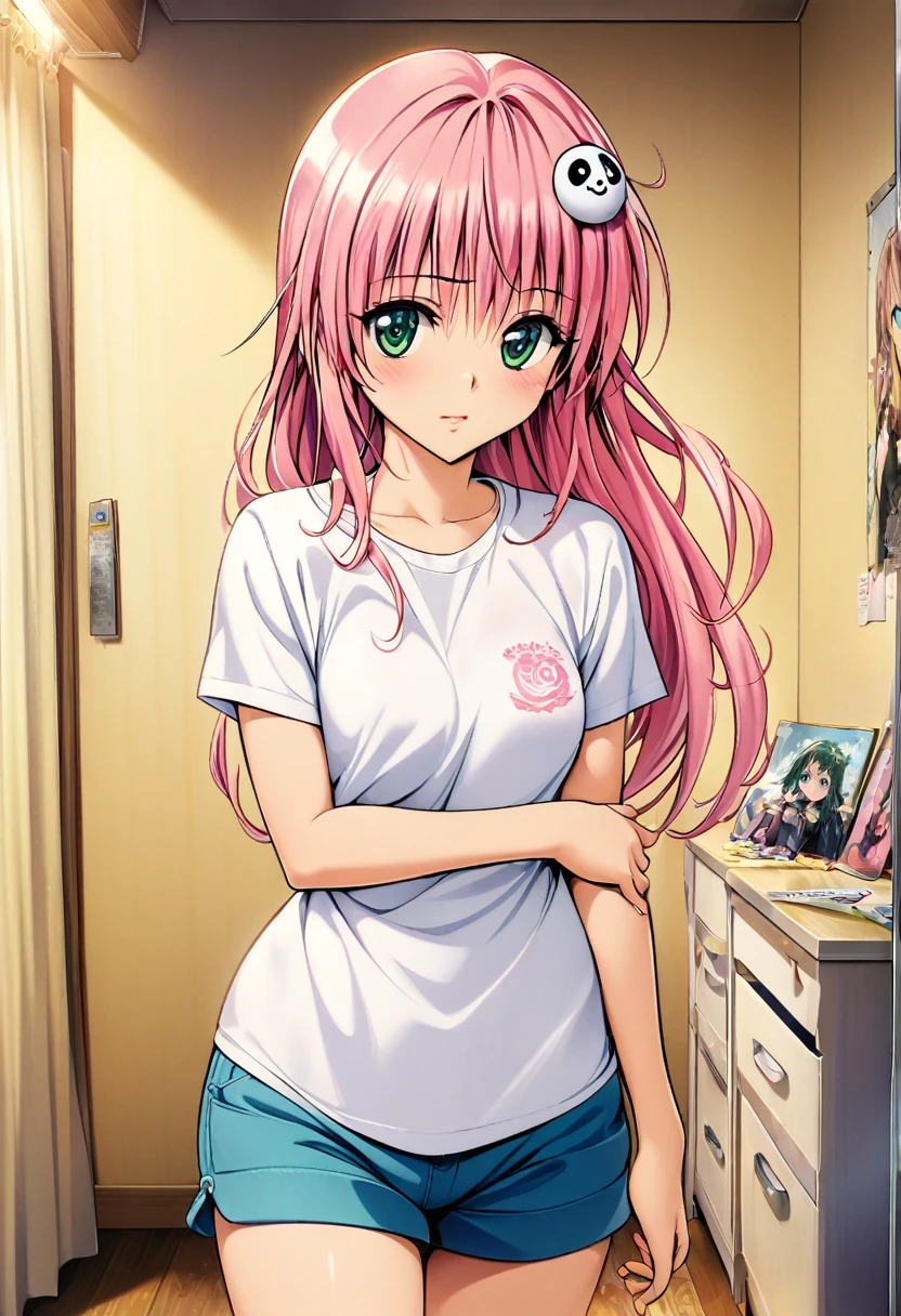 One girl, Lara Satalin Deviluke,Style of Yabuki Kentaro, To Love-Ru art style,pink long hair,green eyes,hair ornament,shirt,shorts,room,masterpiece, highest quality, Detailed face, Beautiful and detailed eyes, Beautiful Face, Perfect body, Official Art, grand plix award illustration, Professional Lighting,