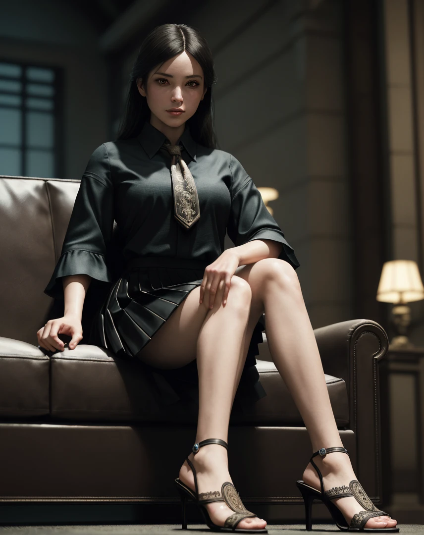 (masterpiece), (extremely intricate:1.3), (realistic), portrait of a girl, (dark fantasy, gore), (dynamic perspective), the most beautiful in the world, sitting on the couch, kicking viewers, indoors, from below, shirt, tie, pleated skirt, high-heeled sandals, smirk, Hirosaki, Aomori, professional photograph of a stunning woman detailed, sharp focus, dramatic, award winning, cinematic lighting, octane render unreal engine, volumetrics dtx, (film grain, blurry background, blurry foreground, bokeh, depth of field)