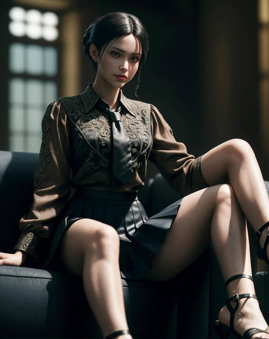 (masterpiece), (extremely intricate:1.3), (realistic), portrait of a girl, (dark fantasy, gore), (dynamic perspective), the most beautiful in the world, sitting on the couch, kicking viewers, indoors, from below, shirt, tie, pleated skirt, high-heeled sandals, smirk, Hirosaki, Aomori, professional photograph of a stunning woman detailed, sharp focus, dramatic, award winning, cinematic lighting, octane render unreal engine, volumetrics dtx, (film grain, blurry background, blurry foreground, bokeh, depth of field)