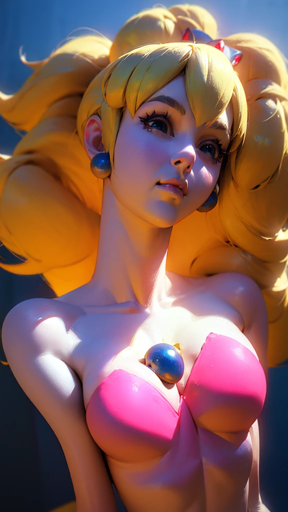 a naked woman, portrait of princess peach, princess peach), princess peach, huge bust cinematic shot, 3d anime style, High quality 8K detailed art, Super detailed representation, blonde hair princess, Rendered in SFM, detailed digital anime art, anime princess, a juicy human-like peach, very detailed anime, deep neckline, big breasts, red lingerie, Pornography, naked breasts