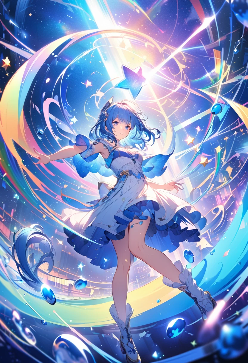 Anime style, ultra-detailed, 8K CG, blue-haired girl, smile, blue world, mysterious blue objects floating, star, musical note, rainbow