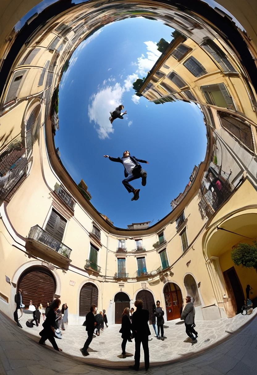 Arafed image the same person walking in a circle., 3 6 0 image, 3 6 0 catch, Panoramic Anamorphic, 3 6 0 projection, Liminal space photography, 360 monoscopic equirectangular, by Leandro Erlich, inspired by Leandro Erlich, 360 degree equirectangular, 8mm extreme fisheye