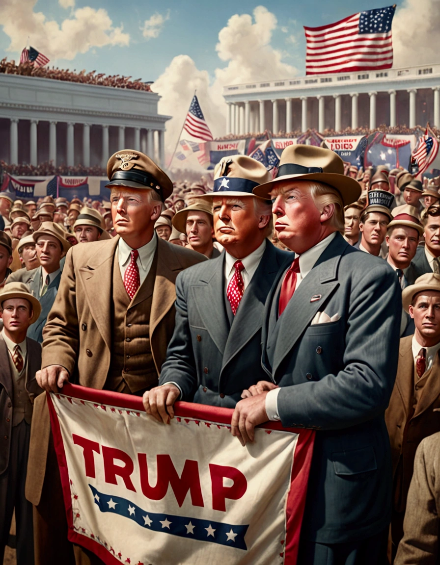 a group of three men in 1940s fashion attending a Trump rally, holding a Trump banner, a huge crowd in the background, highly detailed, photorealistic, 8k, best quality, masterpiece, intricate details
