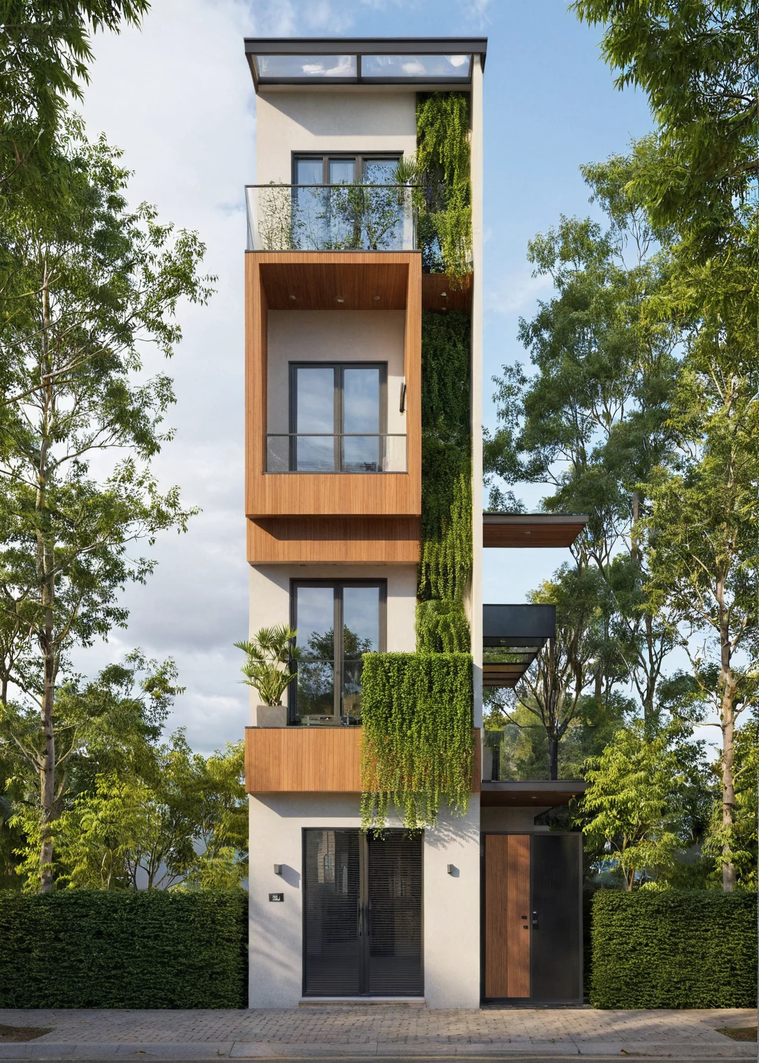 photo brute,head of&#39;artwork, high quality, best quality, Authentique, Great detail,
Outside, En plein air, style de maison moderne dans la rue, glass windows, grille, wooden ceiling,
road,pavement, trees, sky, nuvens, (day light:1.1)