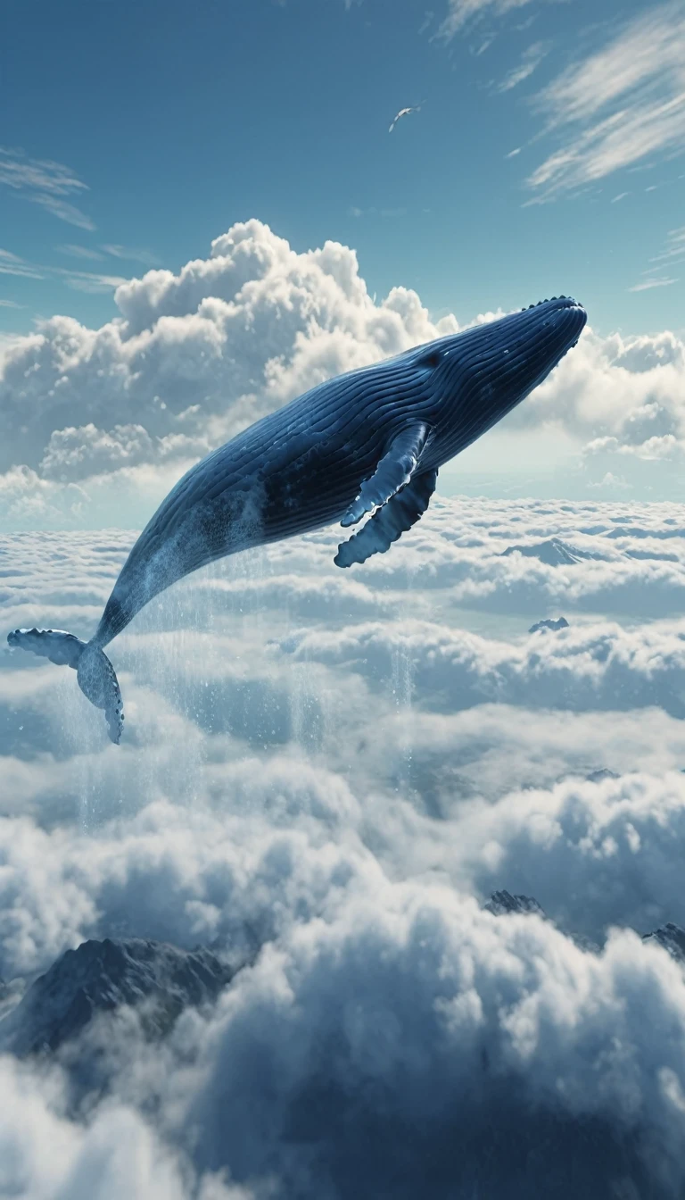 A dreamy, abstract scene of a giant whale soaring high in the sky above the clouds, its massive form defying gravity, with the ground and mountains far below, (best quality,4k,8k,highres,masterpiece:1.2),ultra-detailed,(realistic,photorealistic,photo-realistic:1.37),extremely detailed whale, fantasy whale, giant whale, whale flying, whale in sky, abstract whale, surreal whale, whale above clouds, clouds, dreamlike, ethereal, fantasy landscape, mountainous terrain, ground far below