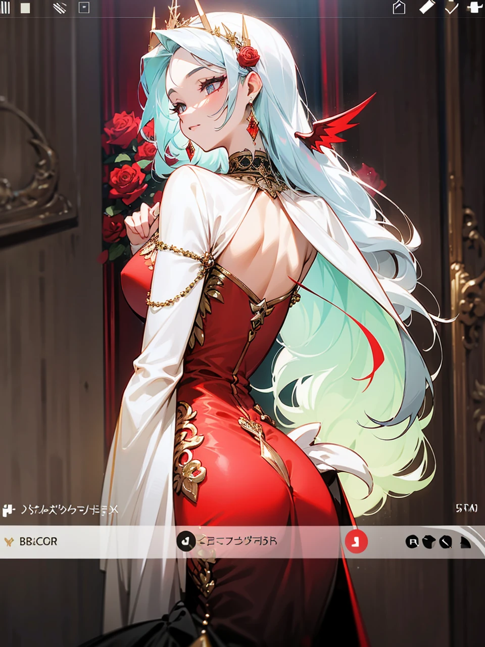 Add in roses to her dress, a good back dress design with some golden jewelry, make her dress into a red and white gown with a hat, give her some unique Jewelry, and make her look somewhat of a demonic angel like appearance to her