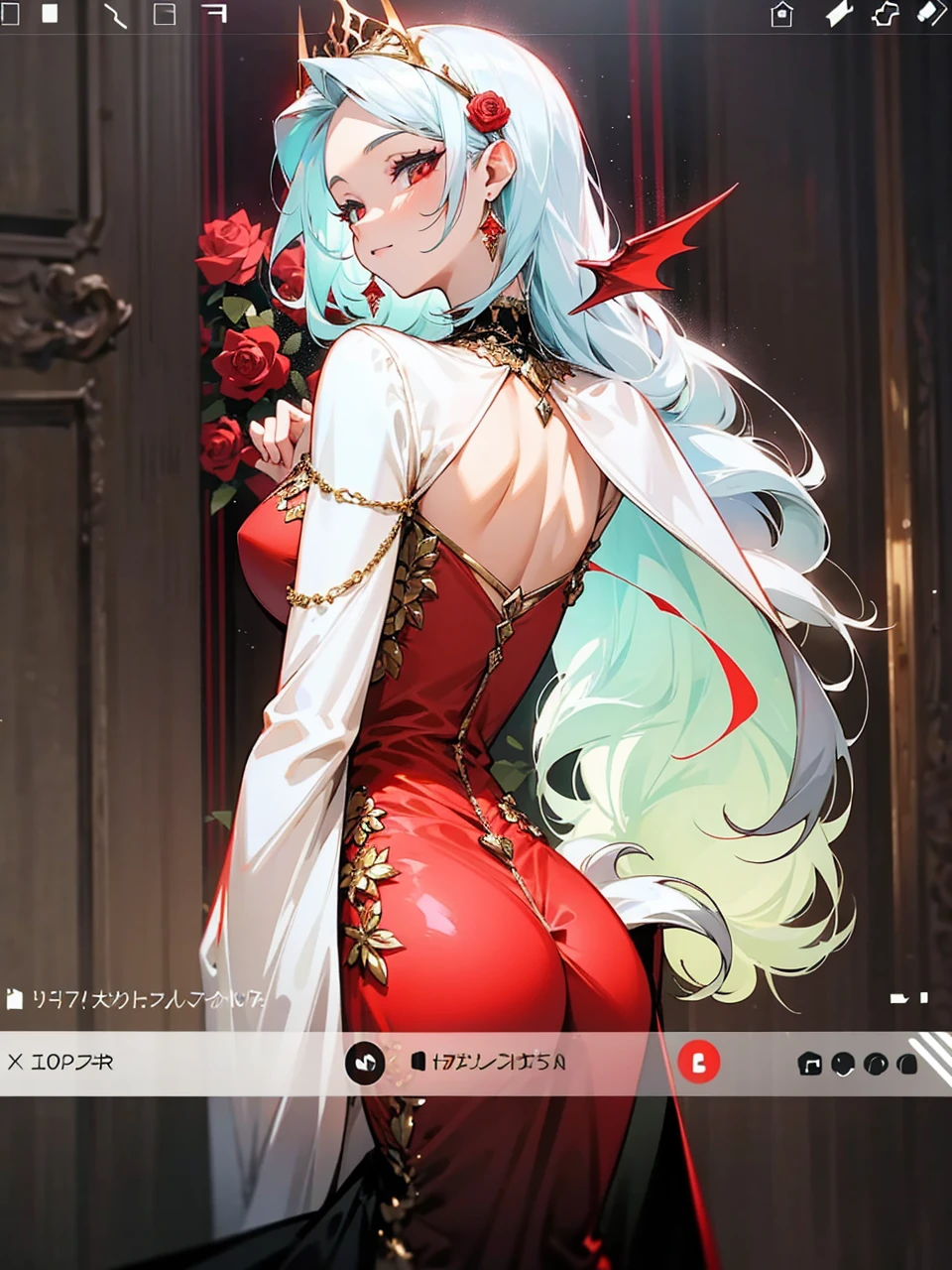 Add in roses to her dress, a good back dress design with some golden jewelry, make her dress into a red and white gown with a hat, give her some unique Jewelry, and make her look somewhat of a demonic angel like appearance to her