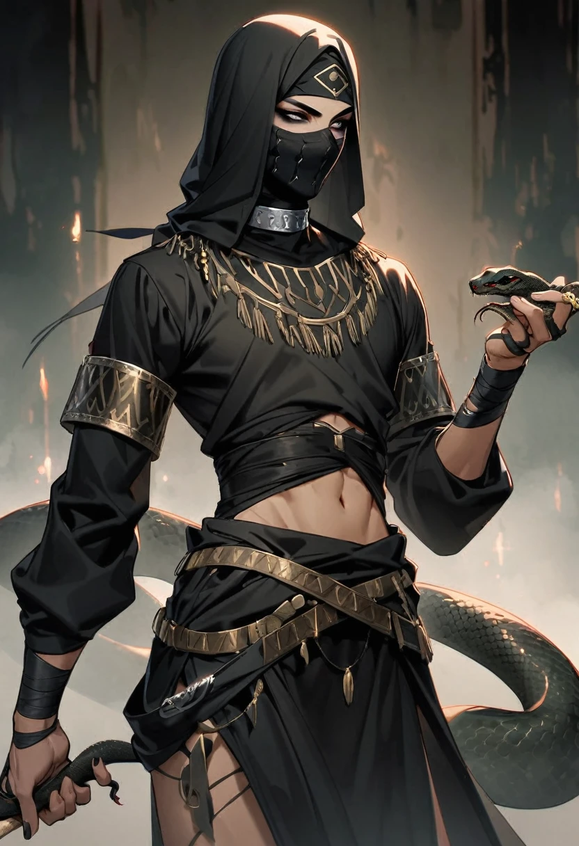 Male arab warrior, medivial, black short balaclava, black bandage, black clothes, thin waist, skinny body, femboy, light skin, makeup, black eyeliner, big eyelashes, black eyeshadow, metal choker,  light tanned skin, snake on hand
