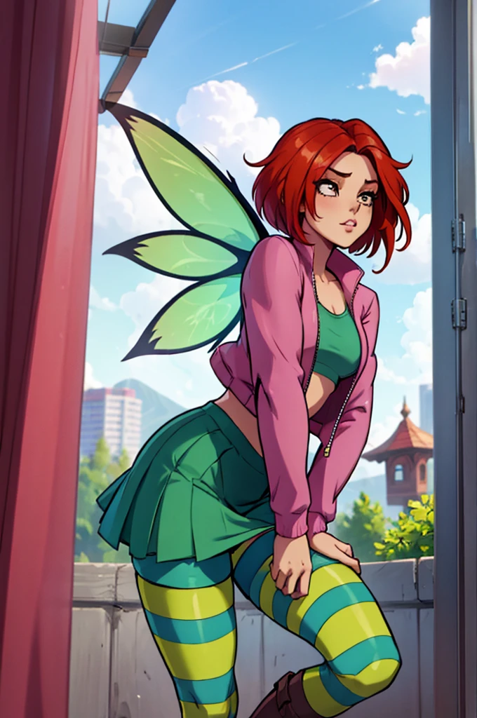 Will Vandom from W.I.T.C.H - cute sexy girl with short red hair, pink jacket with short bottom and long sleeves, green skirt, striped stockings, fairy wings