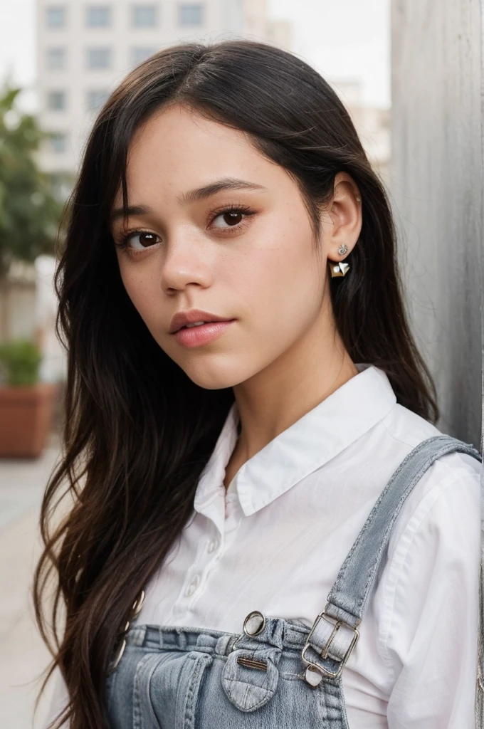 jenna ortega, long hair,
pink overalls, studs, white shirt, detailed skin,
headshot, simple solid background, closeup head-shot, realistic,