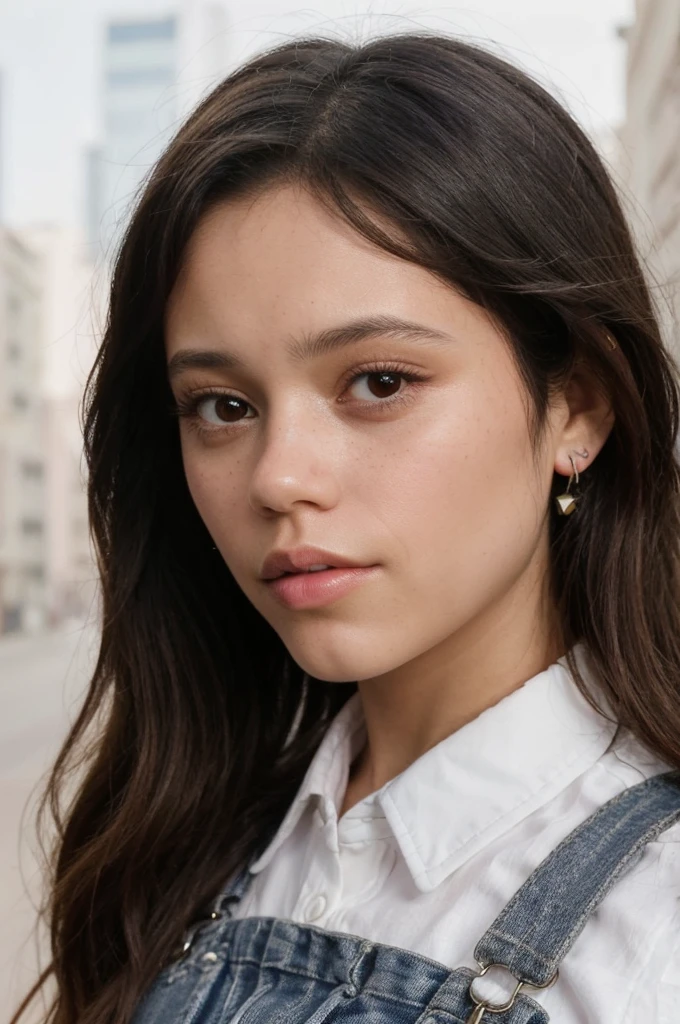 jenna ortega, long hair,
pink overalls, studs, white shirt, detailed skin,
headshot, simple solid background, closeup head-shot, realistic,