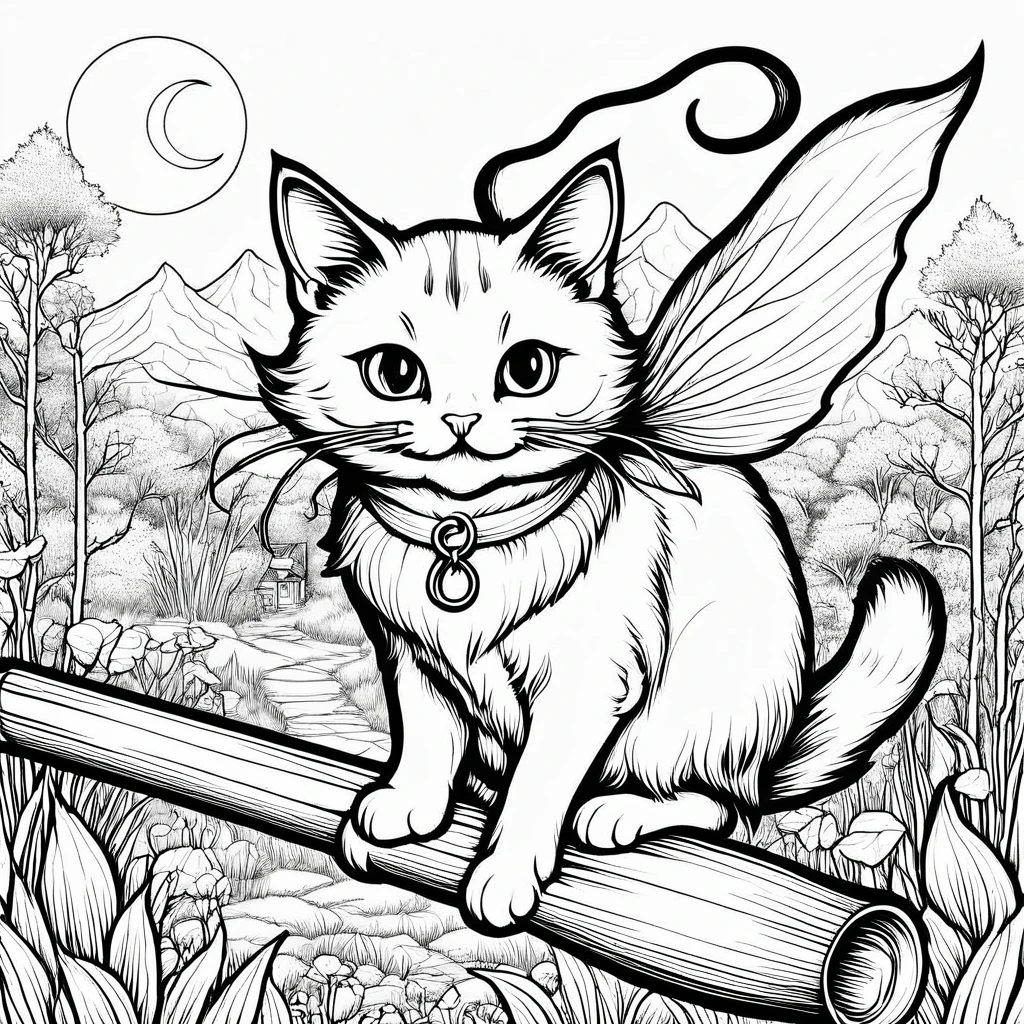 Black and white drawing of a cat flying on a broom, 猫のwitch, Fly on a broom, Coloring bookのアウトライン, Scary but fascinating, witch, clean Coloring bookのページ, Coloring book, Coloring bookのページ, Line drawing illustration, witchっぽい, witchのおとぎ話, Perfect pen and ink lineart, Cute and detailed artwork, Very fine ink line drawings, Coloring book