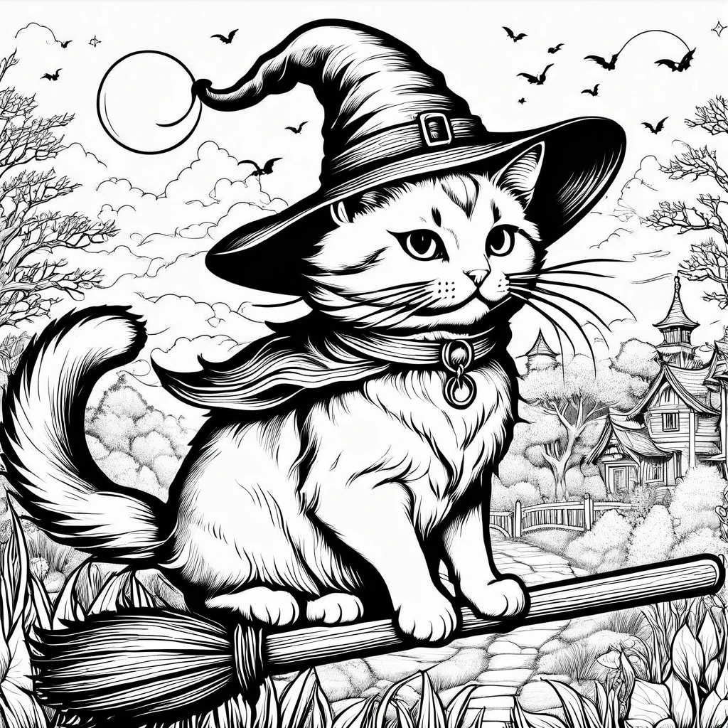 Black and white drawing of a cat flying on a broom, 猫のwitch, Fly on a broom, Coloring bookのアウトライン, Scary but fascinating, witch, clean Coloring bookのページ, Coloring book, Coloring bookのページ, Line drawing illustration, witchっぽい, witchのおとぎ話, Perfect pen and ink lineart, Cute and detailed artwork, Very fine ink line drawings, Coloring book