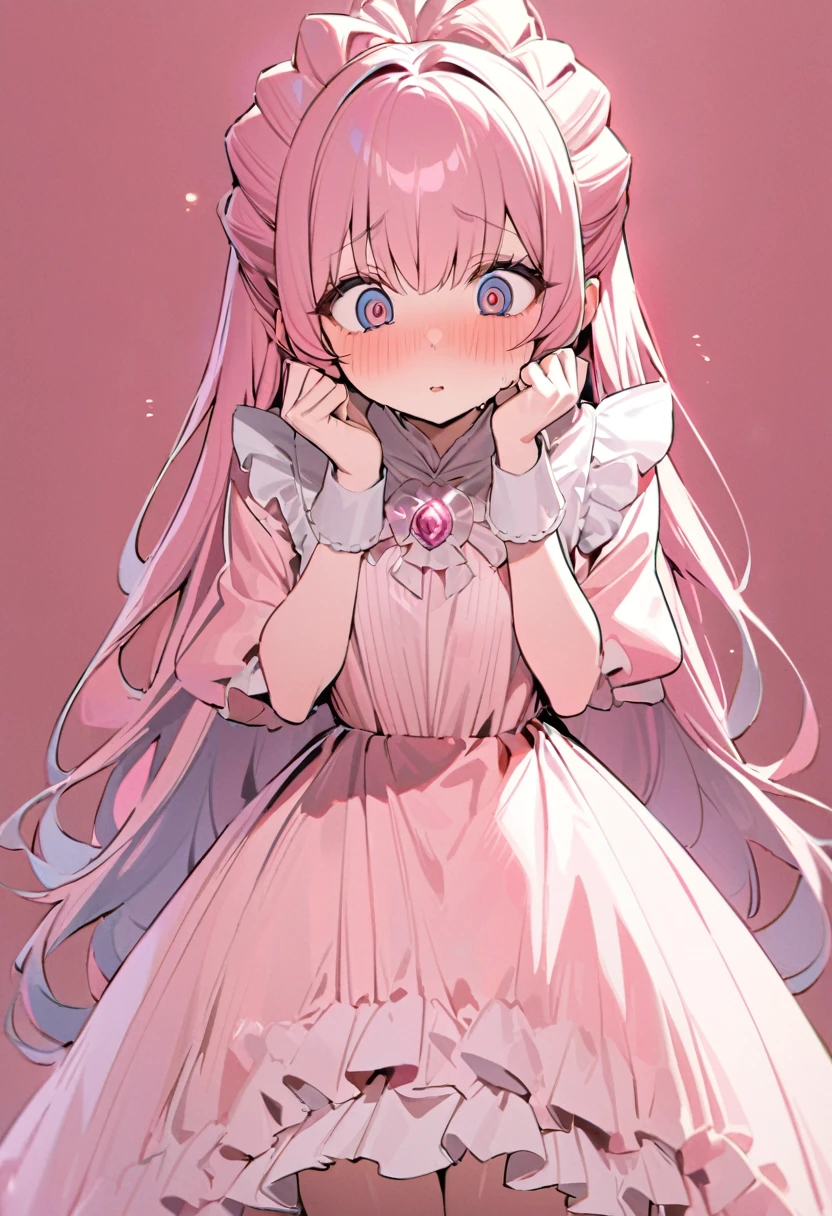 best quality, Super Fine, 16K, Ridiculous, Extremely detailed, Beautiful and lovely woman, Shy, Big shining eyes, Golden double-sided princess hairstyle, And a princess-like pink ruffled long flared dress, Simple color background