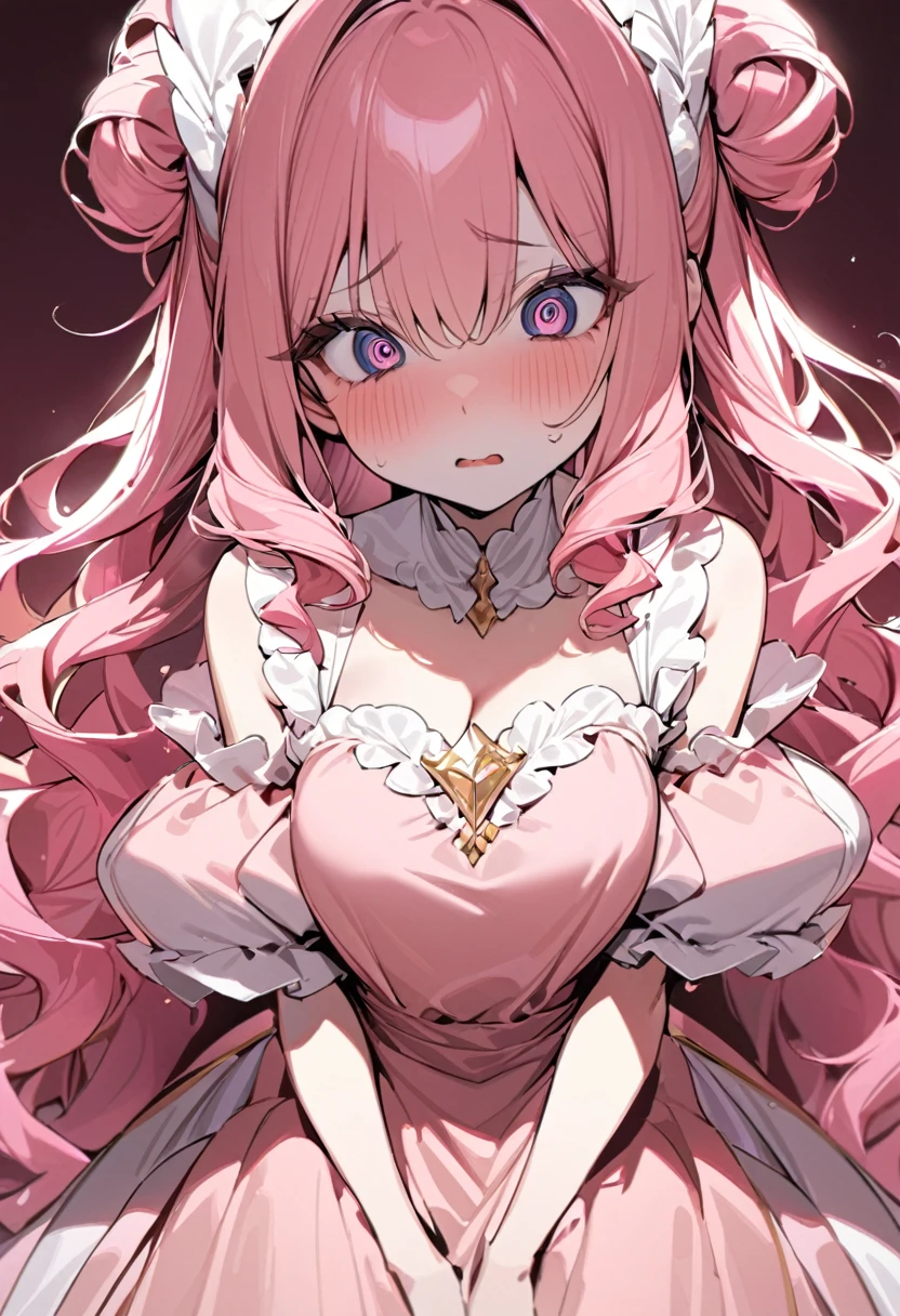 (masterpiece), best quality, expressive eyes, perfect face, a magical woman, pink hair and eyes, solo, long curly hair, elegant dress, pink gold and rose gold color theme, happy