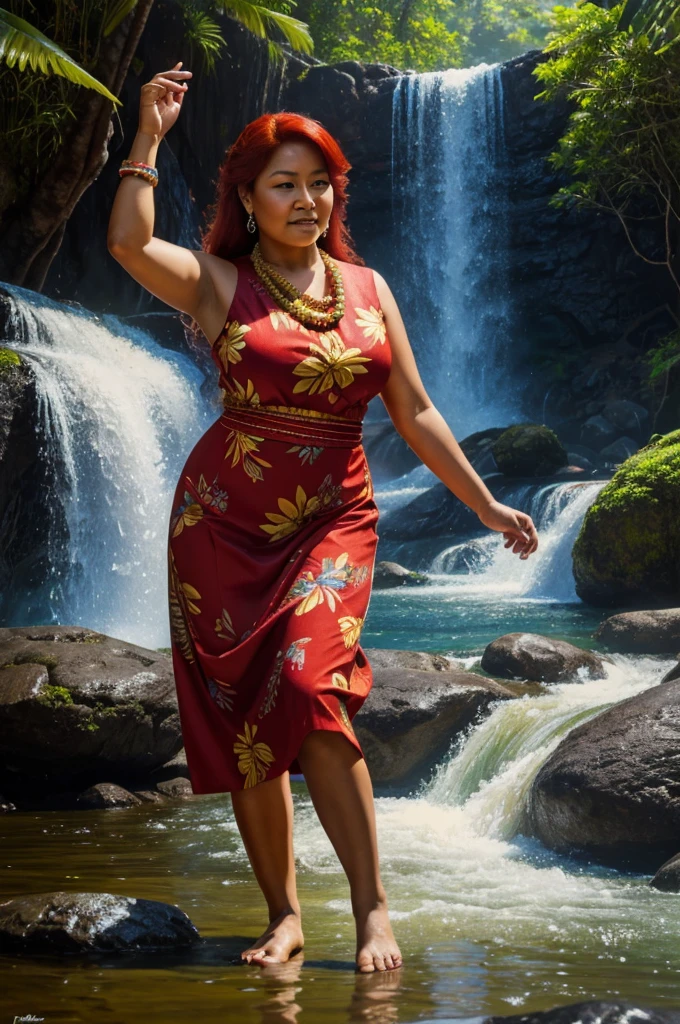 painting of a 50 year old Hawaiian woman with red hair , wearing traditional clothes, dancing in front of a waterfall, curvy, inspired by Fernando Amorsolo, photorealistic oil on canvas, realistic oil on linen, oil on canvas painting, 4k oil on linen, extremely detailed oil portrait, oil painting of realistic woman, detailed oil painting portrait, oil on canvas detailed, by Rodel Gonzalez, 8k resolution.oil on canvas