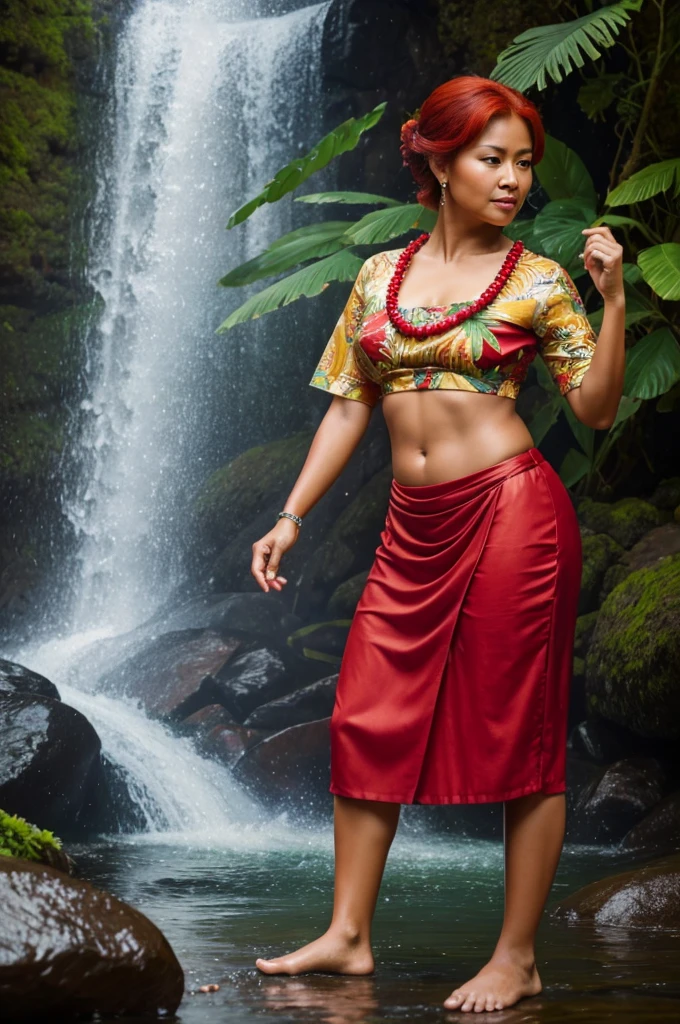 painting of a 50 year old Hawaiian woman with red hair , wearing traditional clothes, dancing in front of a waterfall, curvy, inspired by Fernando Amorsolo, photorealistic oil on canvas, realistic oil on linen, oil on canvas painting, 4k oil on linen, extremely detailed oil portrait, oil painting of realistic woman, detailed oil painting portrait, oil on canvas detailed, by Rodel Gonzalez, 8k resolution.oil on canvas
