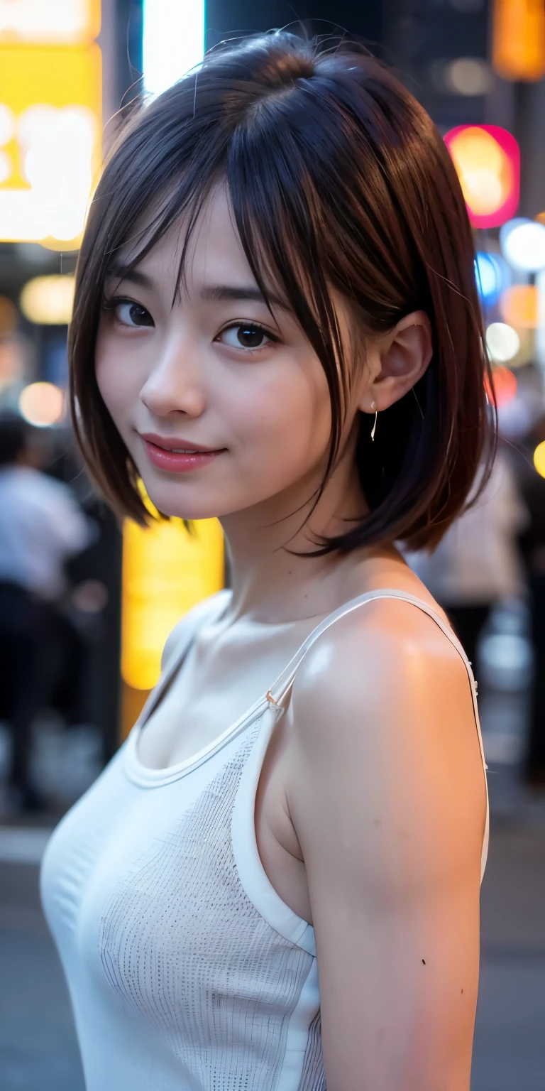 1 girl, Tokyo Street,night, Streetscape,City lights,Upper Body,close,smile,, (8k, RAW Photos, Highest quality, masterpiece:1.2),(Realistic, photo-Realistic:1.37),