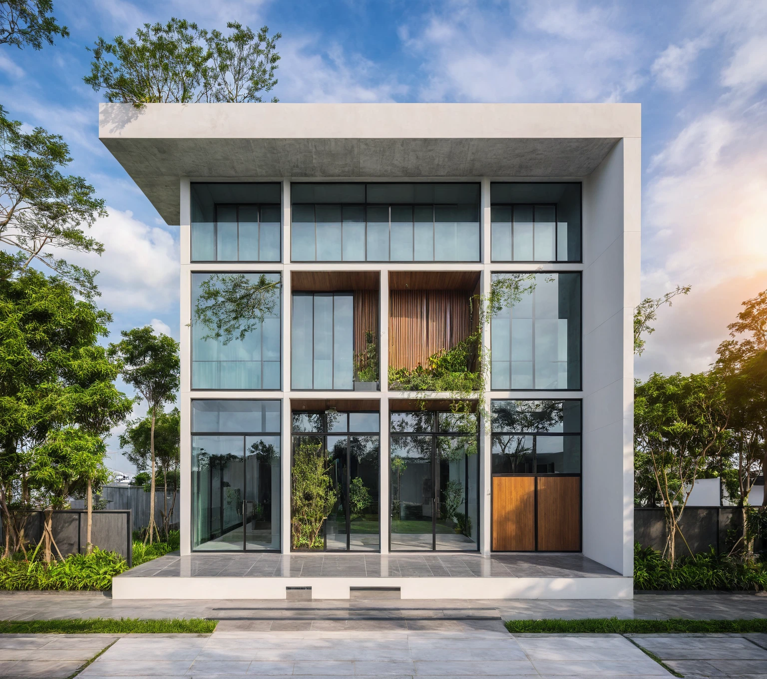 masterpiece, best quality, exterior design, (sunset), single 1 storie modern house on the Vietnam village, marble, steel, modern dark tiled granite and white walls facade, wooden ceiling, large glass, minimalist modern style, green shrubs and tropical tree background, large door and windows.
