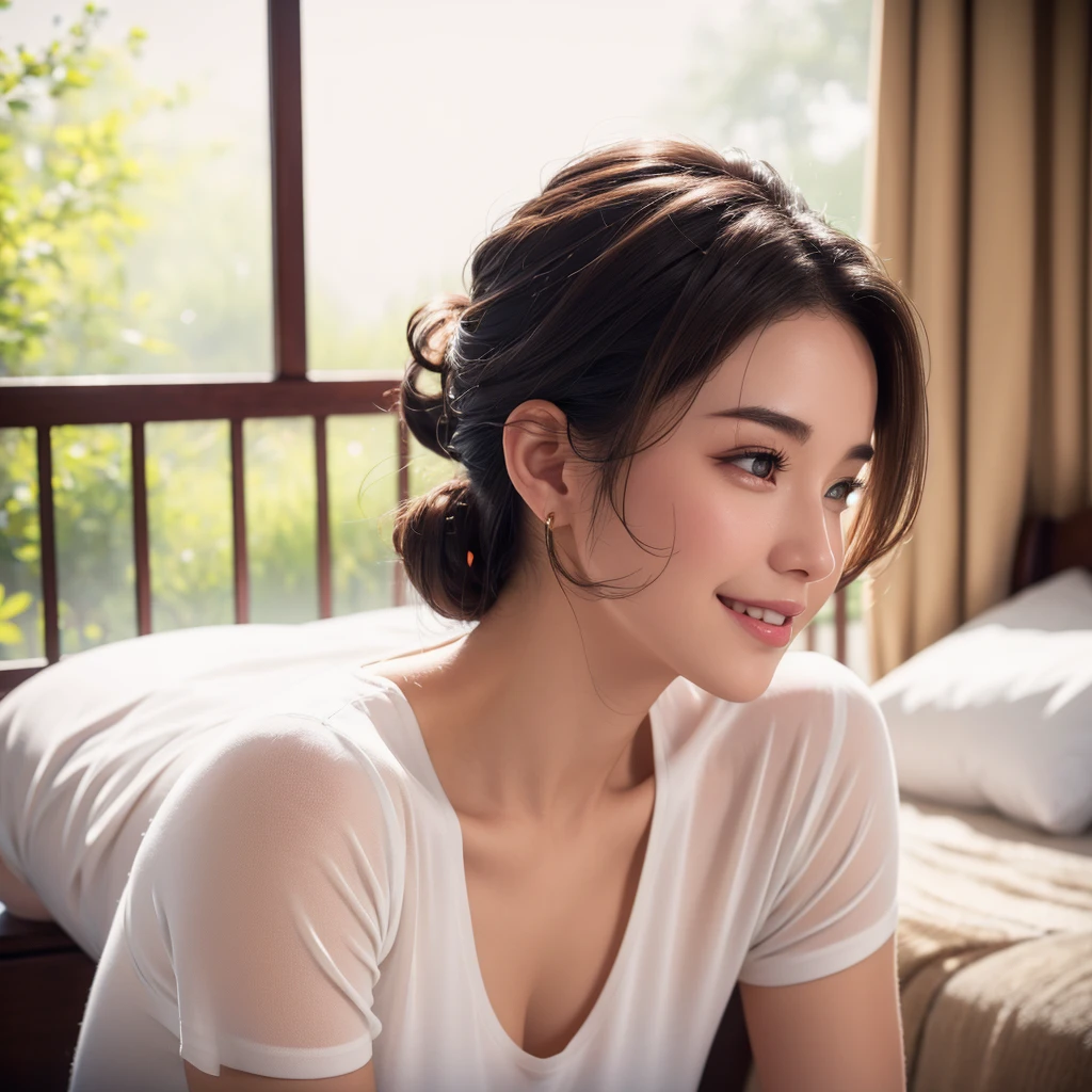 a gorgeous milf with rosy cheeks, smiling shyly, medium length hair in ponytail, casual sexy outfit, lover, private bedroom, dating, intimate, detailed face, beautiful eyes, lush lips, intricate hairstyle, warm lighting, soft focus, photorealistic, cinematic composition, romantic atmosphere, best quality, 4k, 8k, highres, masterpiece:1.2, ultra-detailed, realistic:1.37, HDR, UHD, studio lighting, ultra-fine painting, sharp focus, physically-based rendering, extreme detail description, professional, vivid colors, bokeh, portrait