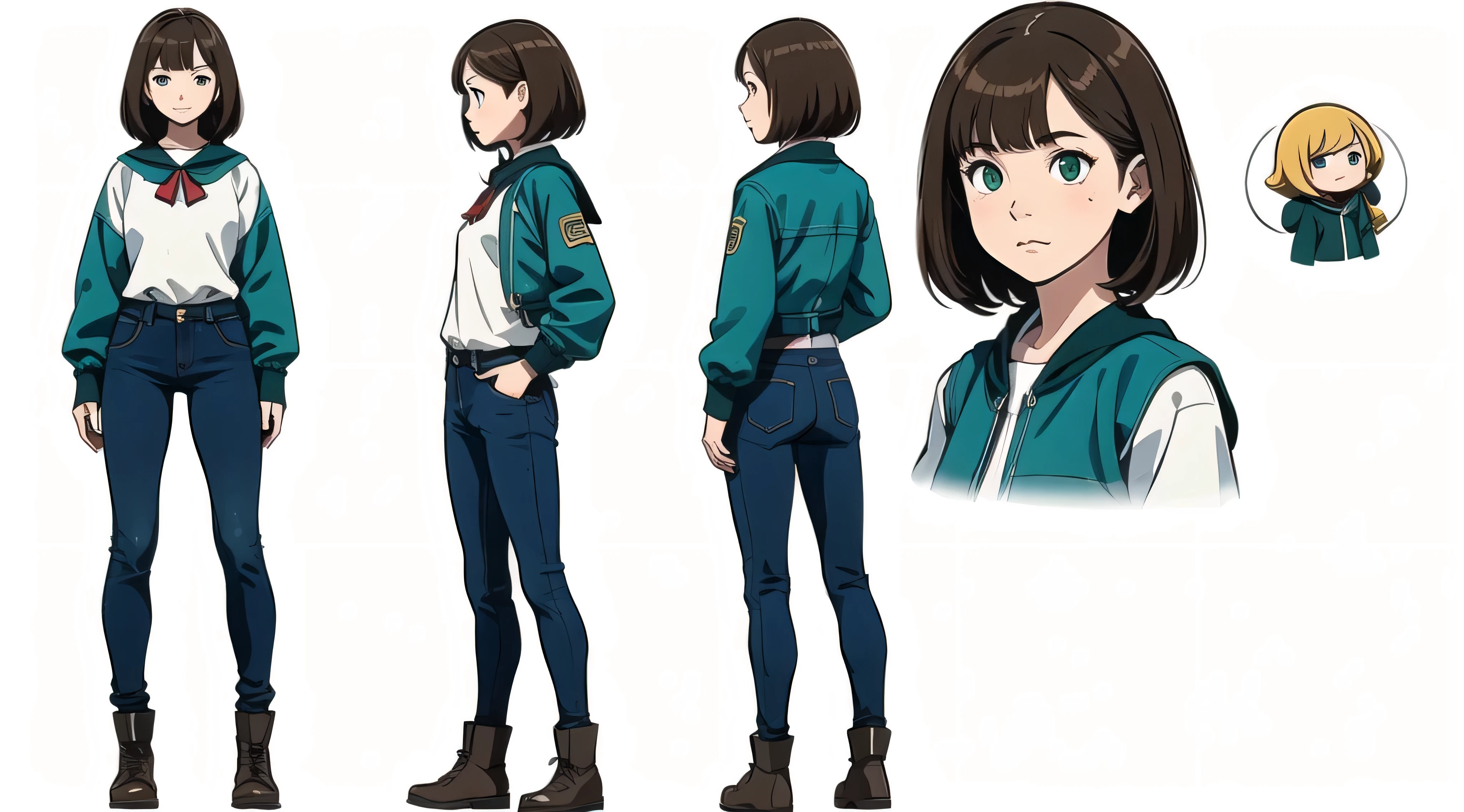 (masterpiece), best quality, (character design sheet, same character, full body, side, back), illustration, (beautiful detailed hair detailed face), 1 young girl, solo, perfect feminine face, very cute young school girl, pose zitai, detailed design character, chesnut yellow brown hair, left sided bangs, shorr length hair, green eyes, , full jeans pant (simple background, white background: 1.3)