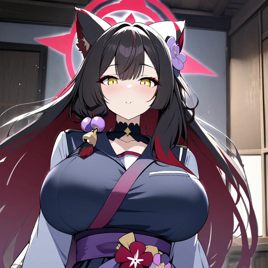 wakamo(blue archive),1girl,solo,yellow eyes color,super huge breasts,looking at viewer,near,standing up,in room