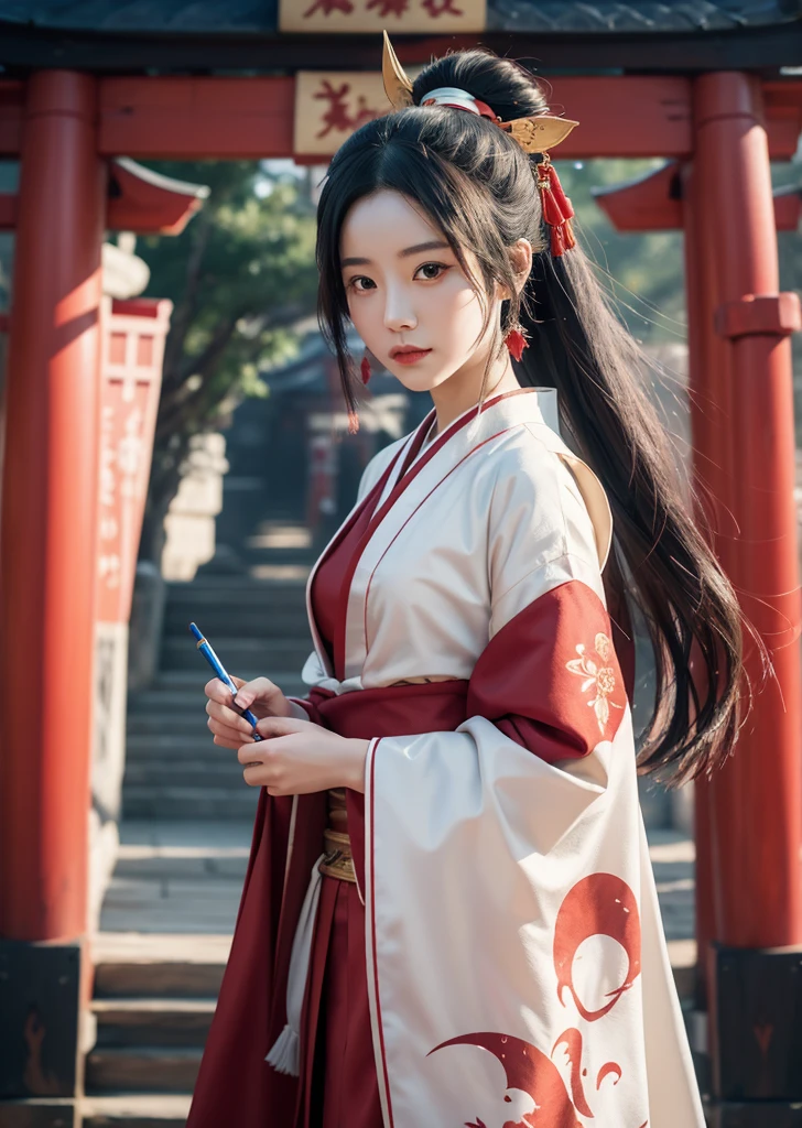 Diffuse lighting、 Highest quality, High resolution, unity 8k wallpaper、Supersaturation, Colorful, 8k解像度, 1 female、Japanese、23 years old、Close-up portrait、Wearing a red dress,whole body、真night中、A spell-writing talisman、The area is pitch dark、night、full moon、moonlight、Fantasy、mysterious、Standing in front of the red torii gate、Woman with a Fan, onmyoji, onmyoji detailed art, onmyoji portrait, 4K, 8k, Vibrant, Splash Art , Onmyoji、Spirit medium、