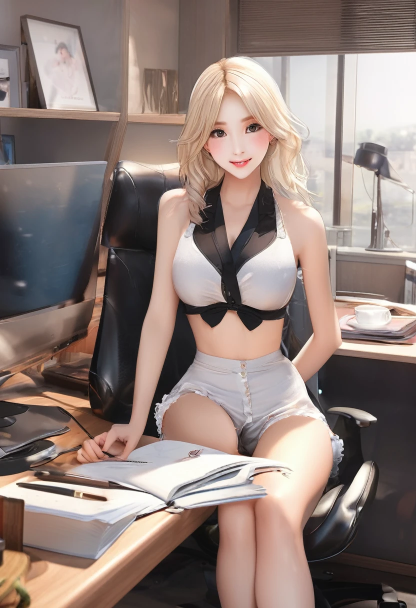 ((highest quality.8K、
masterpiece:1.3))、sharp:1.2、
perfect body beauty:1.4、 Slim
abs:1.2、((layered hairstyles、
huge :1.ung white teen, de hair, brightly smiling, black lingerie, cleavage, sitting on cedar desk in an office