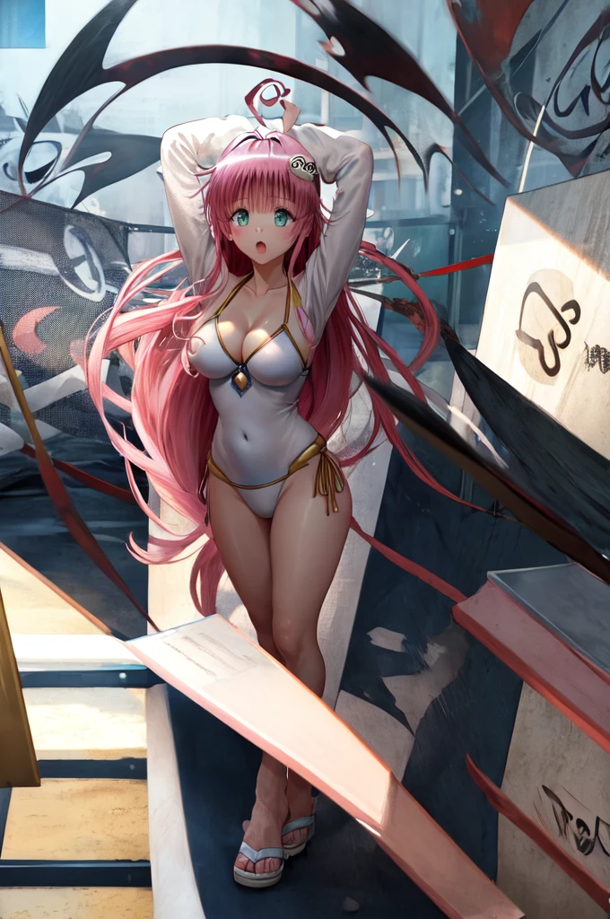 (masterpiece),(Highest quality)、(Very detailed)、(Very detailedなCG)、(Very delicate),(Perfect lighting),(8k)、(Dynamic Angle)、(Clear images)、Vibrant colors, woman、masterpiece、Highest quality、Written boundary depth、Cinema Lighting、masterpiece、Highest quality、Very detailed、colorful、Vibrant、Large Breasts、Thighature woman、alone、(masterpiece、Highest quality、High resolution、Anime Screen Capture、Anime Color)、(Perfect Anatomy、Beautiful attention to detail、Beautiful detail body、Beautiful breasts、Shiny)、Sexy mature anime woman standing outside in aswimsuit、((bikini))、performer、look up、Side bangs、Pink Hair、The eyes are round、Long Hair、Side bangs、Large Breasts、Large Breasts、Large Breasts、woman on top、On the bed