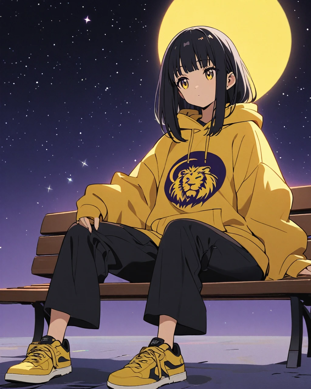 A girl with long black hair and bangs, sitting on a bench under a starry purple night sky. She is wearing an oversized yellow hoodie with a lion graphic design and loose black pants. Her shoes are white and yellow sneakers. The background features a yellow crescent moon. The style of the image is anime, with clean lines and soft shading, and the girl has a serene, thoughtful expression.
