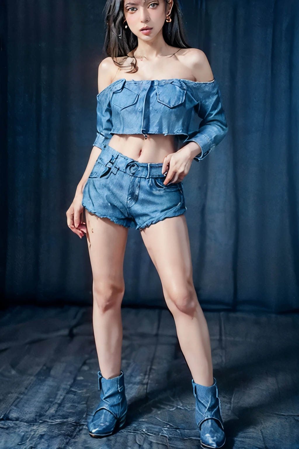 (tall:2),(photo realist: 1.2), (hiper realist: 1.2), (realistic: 1.2), (smoother lighting: 1.2), (Improve the quality of movie lighting: 1.2), (RAW photo:1.2), (better quality:1.2), (perfect eyes:1.2), (masterpiece:1.2), (Physically based rendering:1.2), (ultra high resolution:1.2), (best quality:1.2),(standing:2),(full body shot:2),(sexy pose:2),(long hair:1.2),(beauty face:1.2),(earring:2),(ember eyes:1.2),(tied shirt:1.2),(denim micro shorts:2),(belt:1.2),(beauty legs:2),(leather shoes:1.2),(simple background:1.2),(shiny skin:1.2),(navel:1.2)