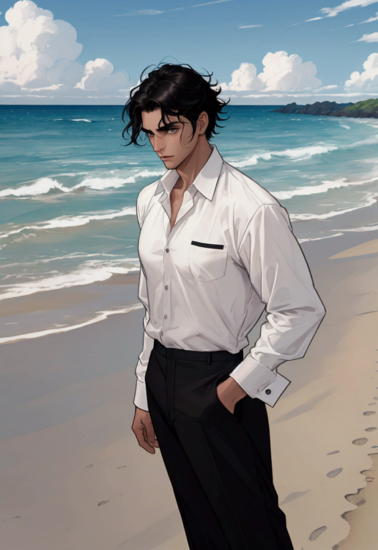 A guy with short, slightly curly black hair, black eyes, slightly dark eyebrows, Caucasian, wearing a white shirt, trousers, standing on the beach looking out to sea - the beach was deserted with no one in sight.
