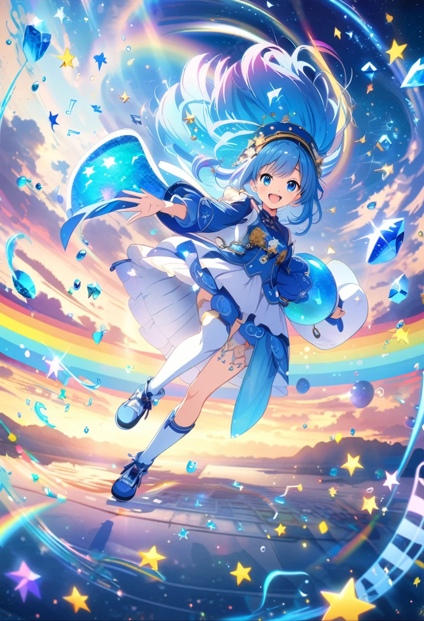 Anime style, ultra-detailed, 8K CG, blue-haired girl, smile, blue world, mysterious blue objects floating, star, musical note, rainbow