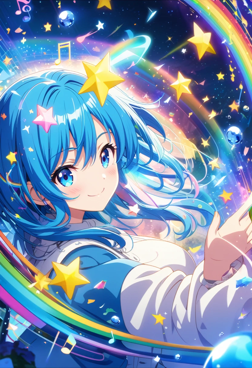 Anime style, ultra-detailed, 8K CG, blue-haired girl, smile, blue world, mysterious blue objects floating, star, musical note, rainbow