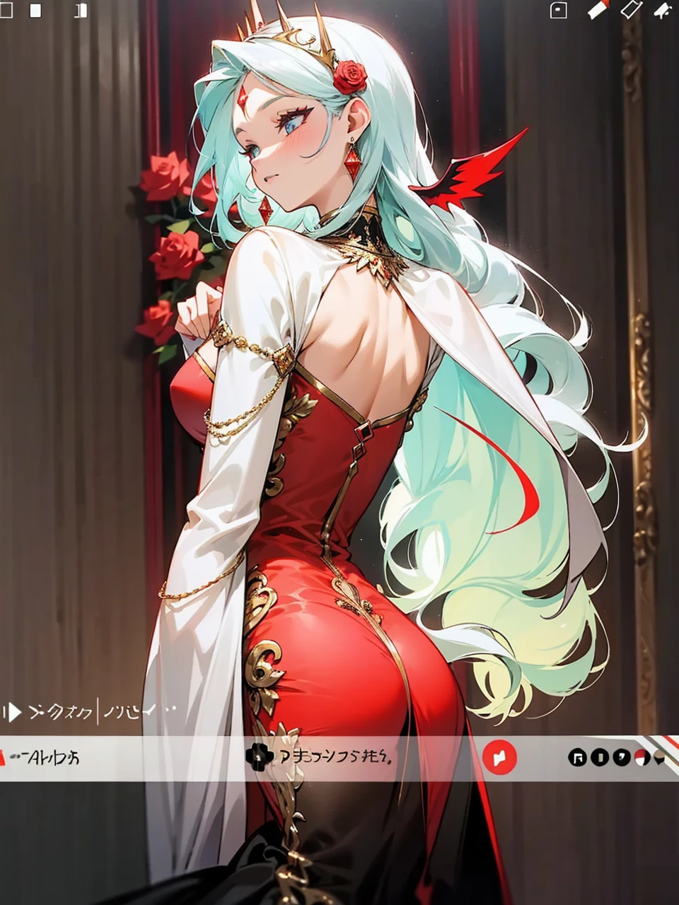 Add in roses to her dress, a good back dress design with some golden jewelry, make her dress into a red and white gown with a hat, give her some unique Jewelry, and make her look somewhat of a demonic angel like appearance to her