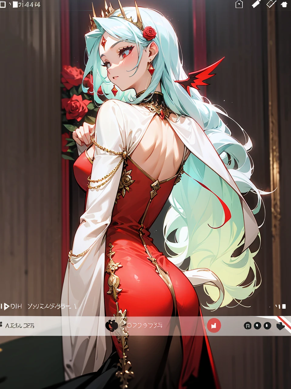 Add in roses to her dress, a good back dress design with some golden jewelry, make her dress into a red and white gown with a hat, give her some unique Jewelry, and make her look somewhat of a demonic angel like appearance to her