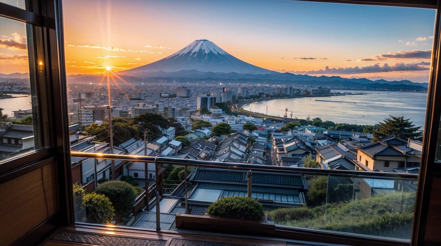 mount. Mount Fuji can be seen at sunrise beyond Enoshima