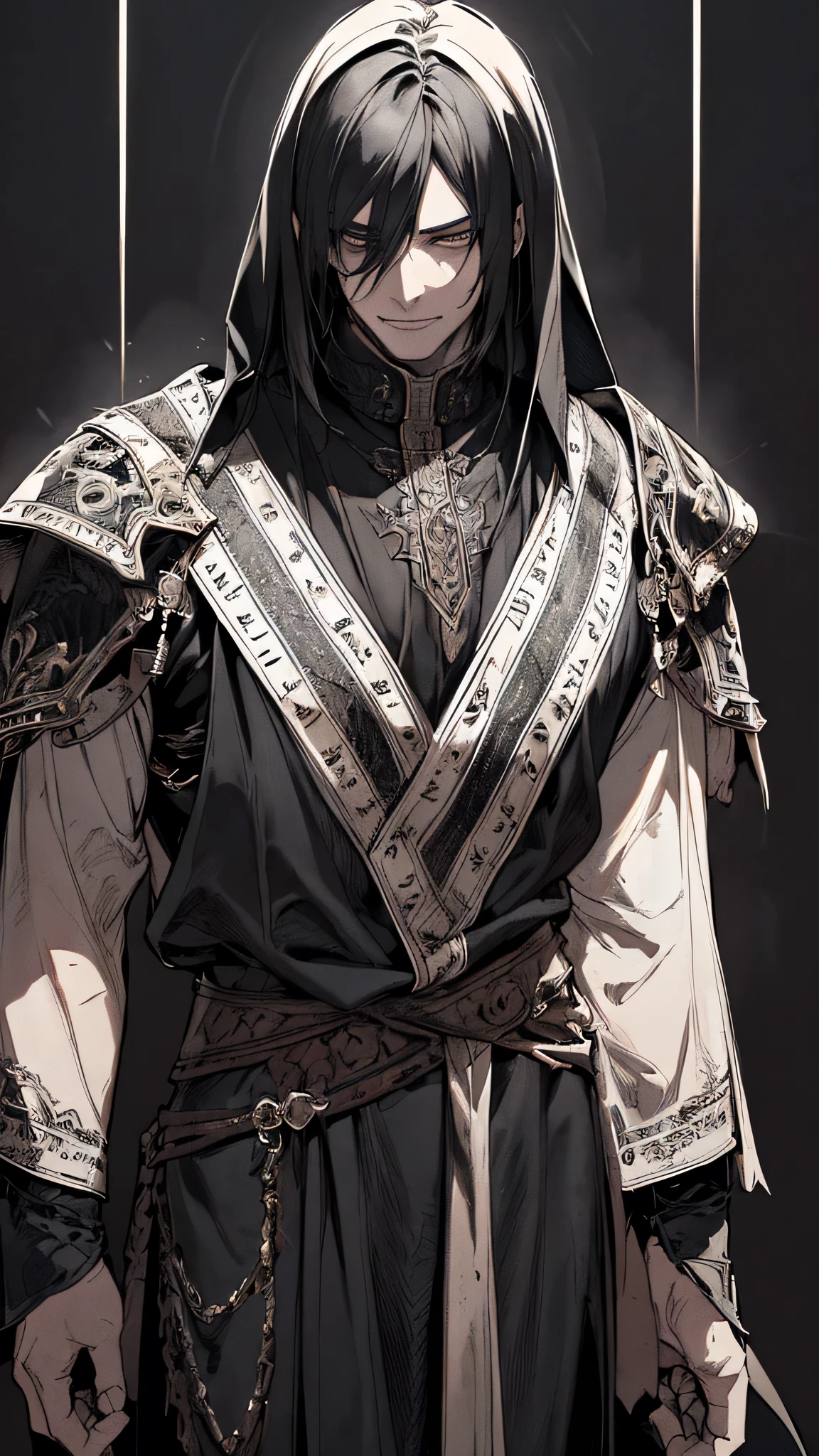 Best quality, (background_detail), high_contrast, detail_original_illustration, warrior, muscular, villain face, armored, full_body, medieval, crease between eyes, young man, man in 20s, dark_stitch_landscape, (dramatic_lighting:1. 25), (shaded_background:1.2), black_hair, (short black hair:) 1.1 ), Large figure, Delicate face, Evil smile, Sharp eyes, Black background, (Black background:1.5), Beautiful line drawing, Black and white