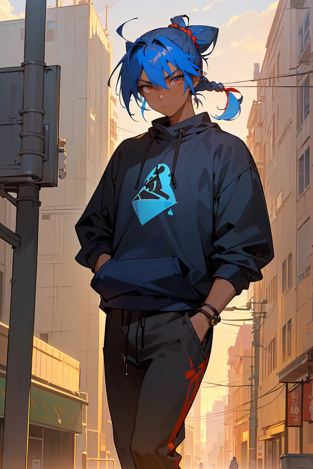 ((masterpiece,best quality,1boy,male focus,masculine,looking at viewer,solo,closed mouth,teenager,muscle,muscular)),((((navy blue hair,topknot hair)))),((colorful golden eyes,perfect eyes,glowing eyes,perfect face,calm demeanor)),(((modern clothing,black and red sweatshirt,black jogger pants,white jordans,dark skin color,standing still,caramel skin color))), ((city background,buildings,stores,street,afternoon,cloudy sky))