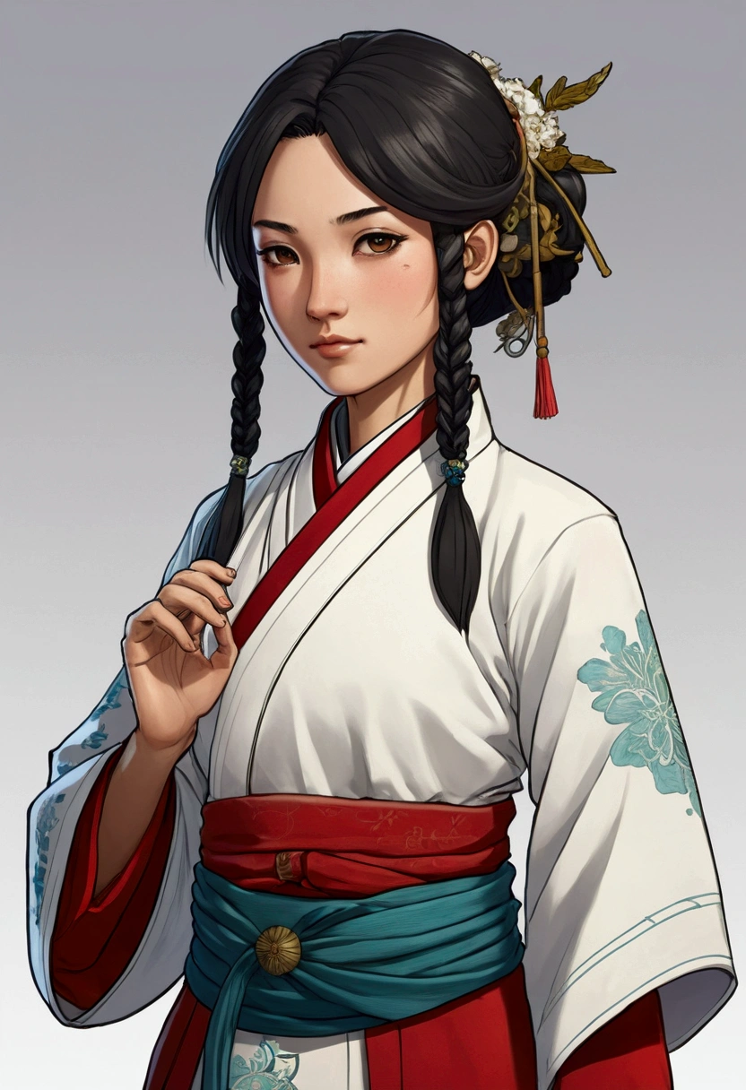 A character in the art style of the anime called "the apothecary diaries" with mao mao. She is a fighter, but wears traditional clothes (2d)