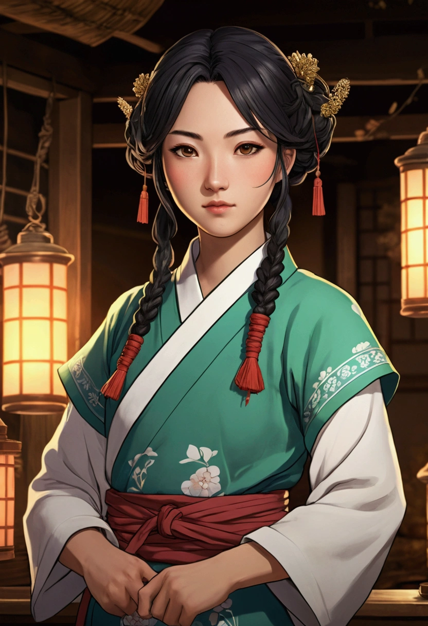 A character in the art style of the anime called "the apothecary diaries" with mao mao. She is a fighter, but wears traditional clothes (2d)