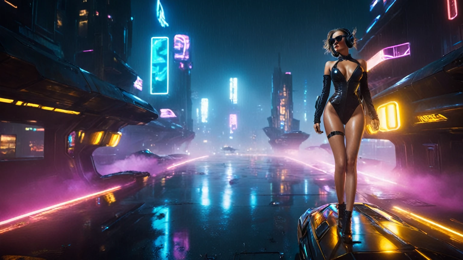 (aerial view, a (flying cars):1.8 docking platform, a very dark abandoned futuristic city, neon lights), rainy night. (((1girl, solo, alone))), large-breast:1.2 slim body, cleavage:1.1, sexy wind blowing wet dress:1.4, (((headphone, black sunglasses, standing and holding pistol:1.8, dynamic seductive pose))), (((((half-body thigh level medium shot))))), cinematic lighting, lens flare, ray tracing.