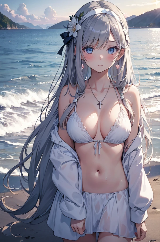 ((girl kawaii)), a extremely delicate and beautiful girl, beautifully painted, cute, sense of digital, best detailed girl, lying on the lake, wet, girl, young, long hair blown up, Hair with flower, (grey hair), cute face, embarrassed, complex details beautiful and delicate eyes, closed mouth, (large breasts), thighs, pale blue eyes, white skin, hairband, earrings, cross necklace, Bracelet, (white bikini), cardigan, white Clothes, (beach), (dusk sky), back lighting, (((wallpaper 8k CG))), ((absurdres)), masterpiece,