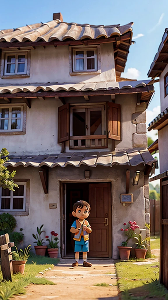 Village Scene and a young boy looking sad outside his house looking for hope