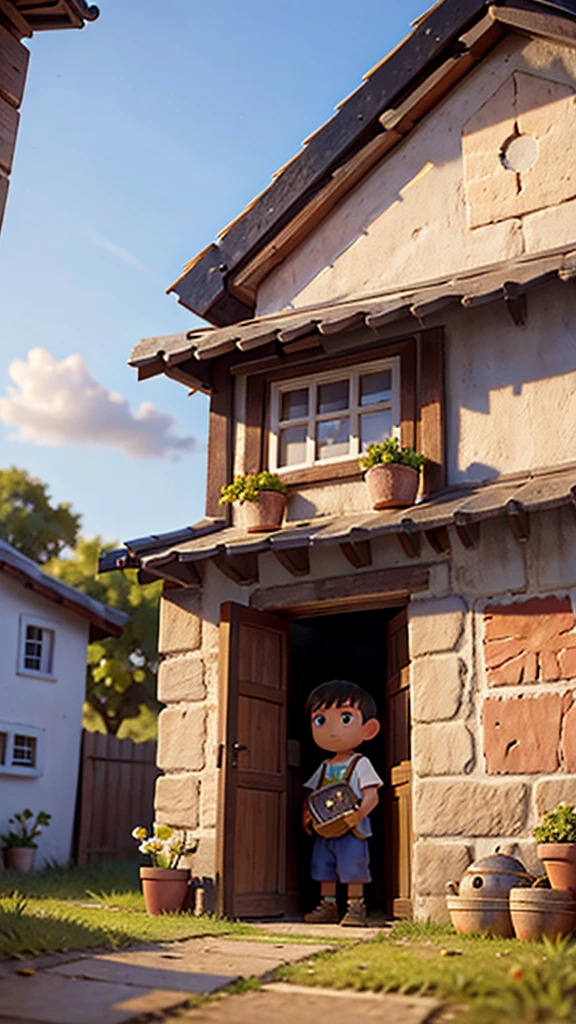Village Scene and a young boy looking sad outside his house looking for hope