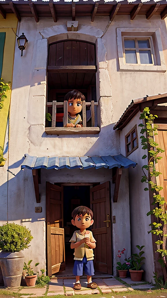 Village Scene and a young boy looking sad outside his house looking for hope